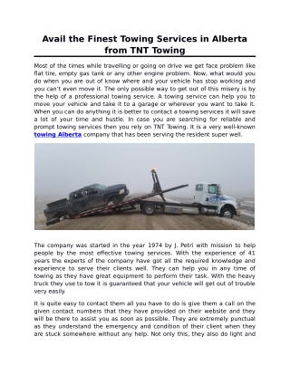 Avail the Finest Towing Services in Alberta from TNT Towing