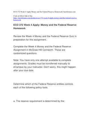 ECO 372 Week 4 Apply Money and the Federal Reserve Homework//tutorfortune.com