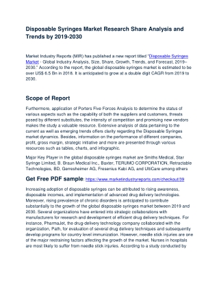 Disposable Syringes Market Analysis, Growth Rate, Overview forecast 2019-2030