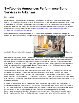 Swiftbonds Announces Performance Bond Services in Arkansas