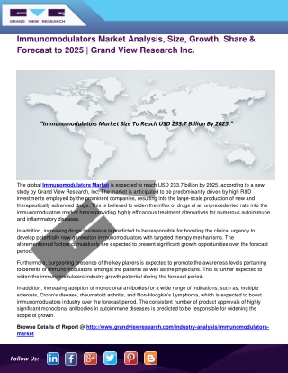 Immunomodulators Market Size, Share, Growth and Forecast to 2025 | Grand View Research