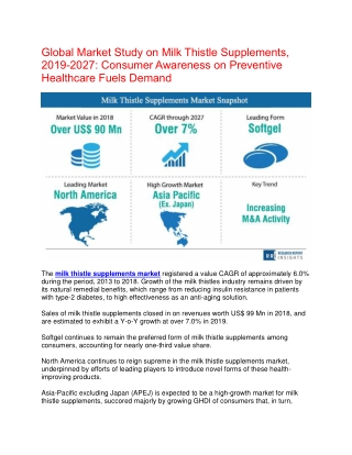 Milk Thistle Supplements Market Expand at the Fastest CAGR of 7% During the Forecast Period 2019-2027