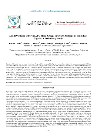 Lipid Profiles in Different ABO Blood Groups in Owerri Metropolis, South East Nigeria: A Preliminary Study