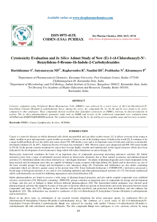 Cytotoxicity Evaluation and In Silico Admet Study of New (E)-1-(4-Chlorobenzyl)-N'- Benzylidene-5-Bromo-1h-Indole-2-Carb
