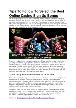 Tips To Follow To Select the Best Online Casino Sign Up Bonus