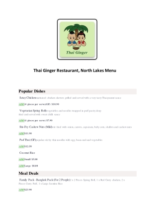 25% Off -Thai Ginger Restaurant-North Lakes - Order Food Online