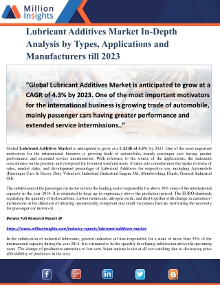 Lubricant Additives Market In-Depth Analysis by Types, Applications and Manufacturers till 2023