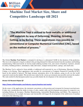 Machine Tool Market Size, Share and Competitive Landscape till 2021