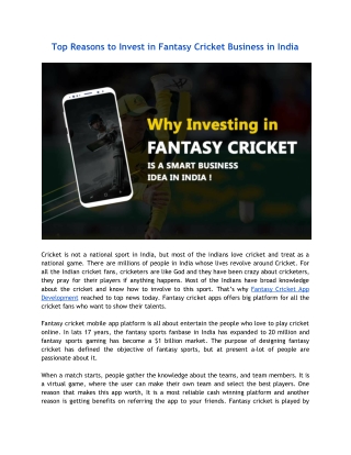 Top Reasons to Invest in Fantasy Cricket Business in India