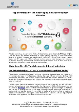 Top Advantage of IoT Mobile Apps in Various Business Domains