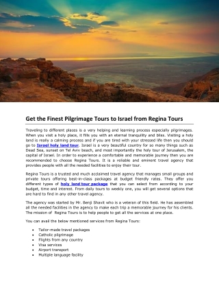 Get the Finest Pilgrimage Tours to Israel from Regina Tours