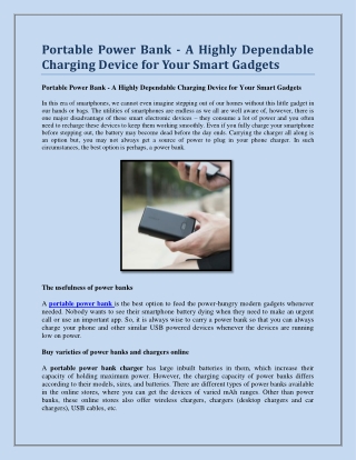 Portable Power Bank - A Highly Dependable Charging Device for Your Smart Gadgets