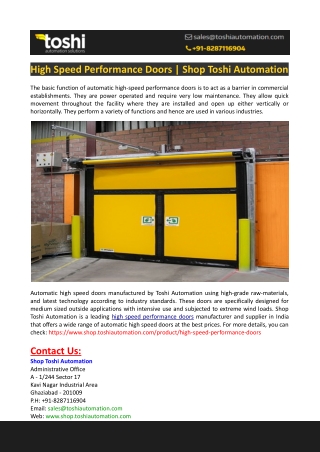 High Speed Performance Doors-Shop Toshi Automation