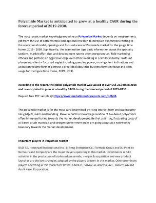 Polyamide Market is anticipated to grow at a healthy CAGR during the forecast period of 2019-2030.