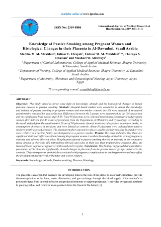 Knowledge of Passive Smoking among Pregnant Women and Histological Changes in their Placenta in Al-Dawadmi, Saudi Arabia