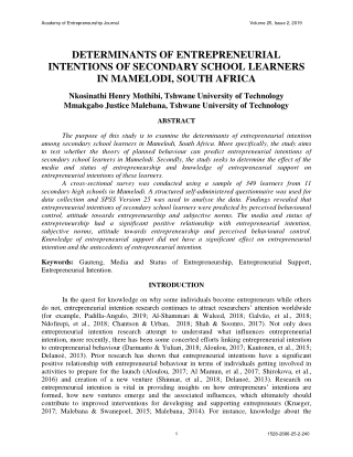 DETERMINANTS OF ENTREPRENEURIAL INTENTIONS OF SECONDARY SCHOOL LEARNERS IN MAMELODI, SOUTH AFRICA