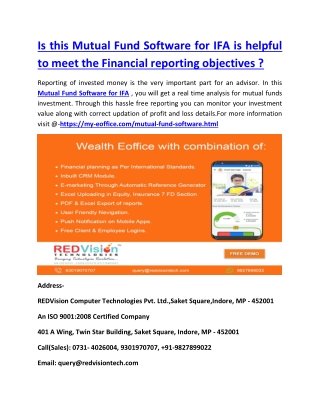 Is this Mutual Fund Software for IFA is helpful to meet the Financial reporting objectives ?