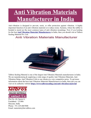Anti Vibration Materials Manufacturer in India