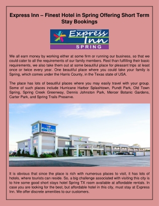 Express Inn – Finest Hotel in Spring Offering Short Term Stay Bookings