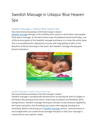 Swedish Massage in Udaipur Blue Heaven Spa