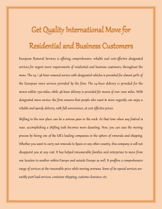 Get Quality International Move for Residential and Business Customers