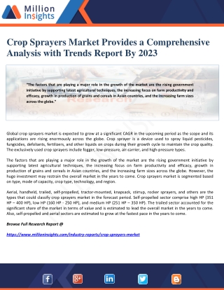 Crop Sprayers Market Provides a Comprehensive Analysis with Trends Report By 2023