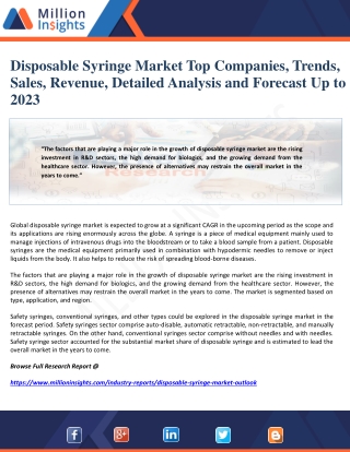 Disposable Syringe Market Top Companies, Trends, Sales, Revenue, Detailed Analysis and Forecast Upto 2023