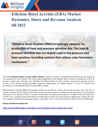 Ethylene Butyl Acrylate (EBA) Market Dynamics, Share and Revenue Analysis till 2022