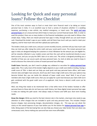 Looking for Quick and easy personal loans? Follow the Checklist