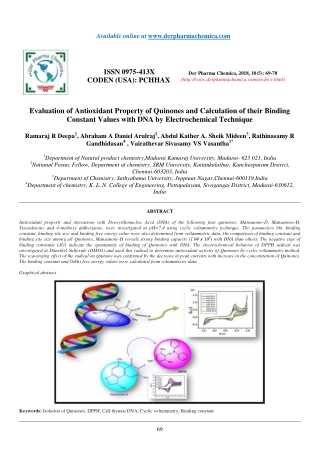Evaluation of Antioxidant Property of Quinones and Calculation of their Binding Constant Values with DNA by Electrochemi