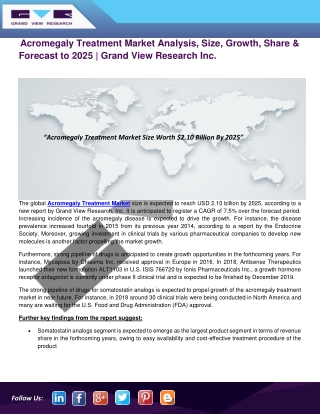 Acromegaly Treatment Market to Reach $2.10 Billion by 2025 | Grand View Research