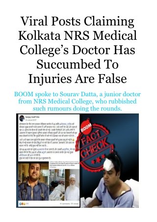 Viral Posts Claiming Kolkata NRS Medical College’s Doctor Has Succumbed to Injuries Are False