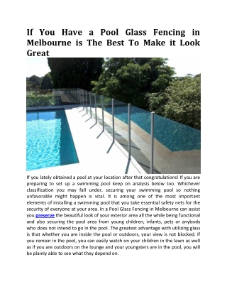 If You Have a Pool Glass Fencing in Melbourne is The Best To Make it Look Good