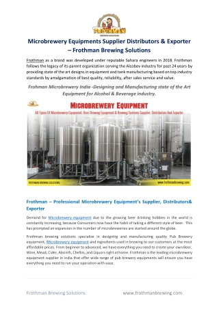 Microbrewery Equipments Supplier Distributors & Exporter – Frothman Brewing Solutions