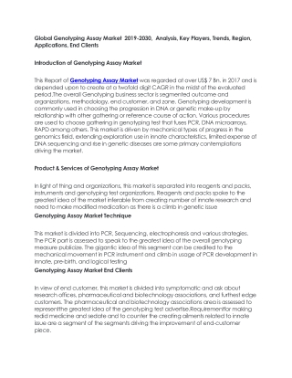 Global Genotyping Assay Market 2019-2030, Analysis, Key Players, Trends, Region, Applications, End Clients