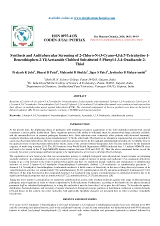 Synthesis and Antitubercular Screening of 2-Chloro-N-(3-Cyano-4,5,6,7-Tetrahydro-1- Benzothiophen-2-Yl)Acetamide Clubbed