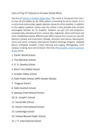 Lists of Top 27 Schools in Greater Noida West