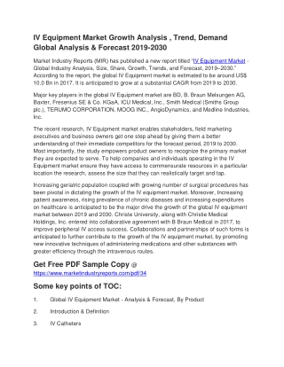 IV Equipment Market Top trending Global Analysis & Forecast 2019-2030