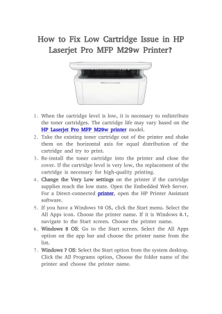 How to Fix Low Cartridge Issue on HP Laserjet Pro MFP M29w Printer?