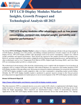 TFT LCD Display Modules Market Insights, Growth Prospect and Technological Analysis till 2023