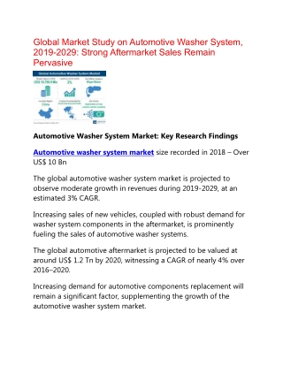 Automotive Washer System Market to Register a Stellar Growth Rate of CAGR of 3% During 2018 - 2029