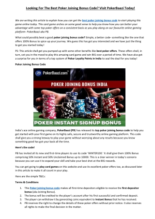 Looking For the Best Poker Joining Bonus Code? Visit PokerBaazi Today