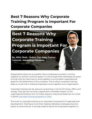 Best 7 Reasons Why Corporate Training Program is Important For Corporate Companies - YMS`s - Pune, Mumbai, Ahmedabad, In