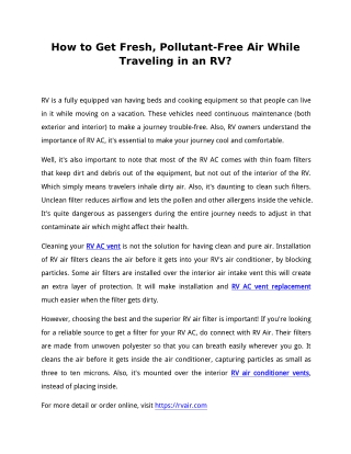 How to Get Fresh, Pollutant-Free Air While Traveling in an RV?