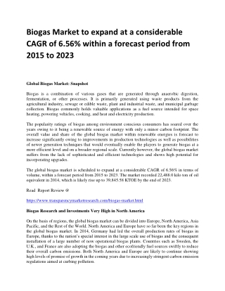 Biogas Market to expand at a considerable CAGR of 6.56% within a forecast period from 2015 to 2023