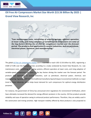 Oil Free Air Compressor Market Is Anticipated to Witness Higher Demands Till 2025