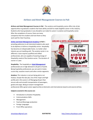 Airlines and Hotel Management Courses in Pali
