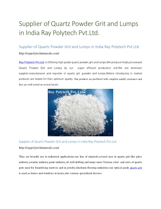 Supplier of Quartz Powder Grit and Lumps in India Ray Polytech Pvt.Ltd.