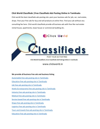 Click World Classifieds |Free Classifieds Ads Posting Online in Tamilnadu