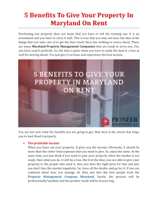 5 Benefits to Give Your Property in Maryland on Rent